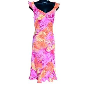 90s vintage magenta fuchsia and orange v neck maxi dress